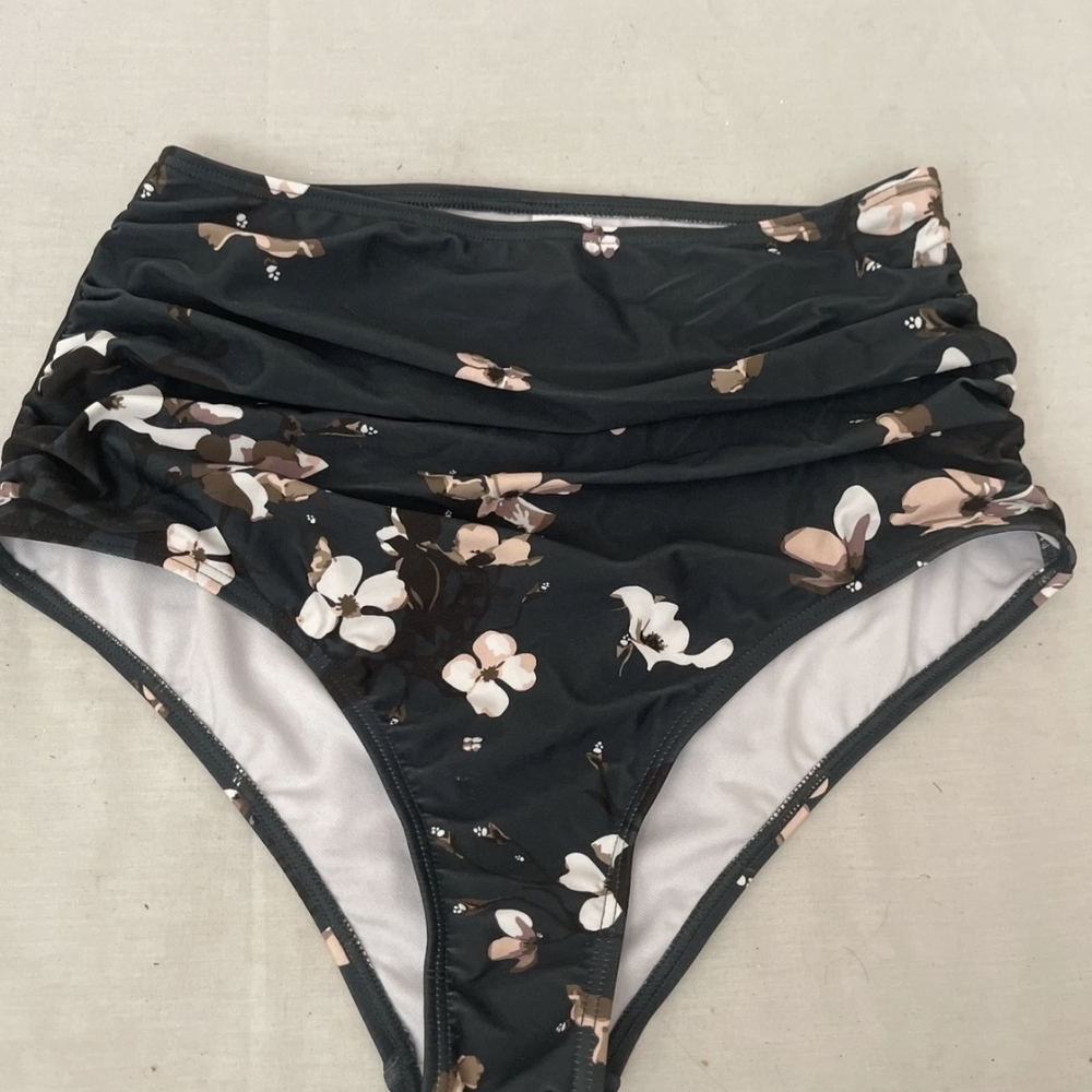 COCOSHIP Floral High-Waisted Bikini - Black and White